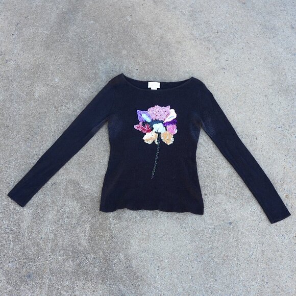 Vintage CACHe Black Sequin Floral Knit Sweater L - Picture 5 of 10